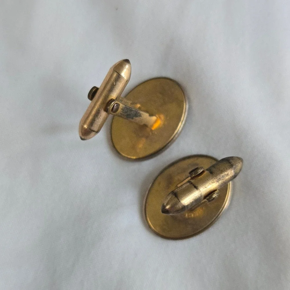 Vtg Correct Quality Cufflinks Gold Tone Mens OS Etched Oval Art Deco Pinstripe‎